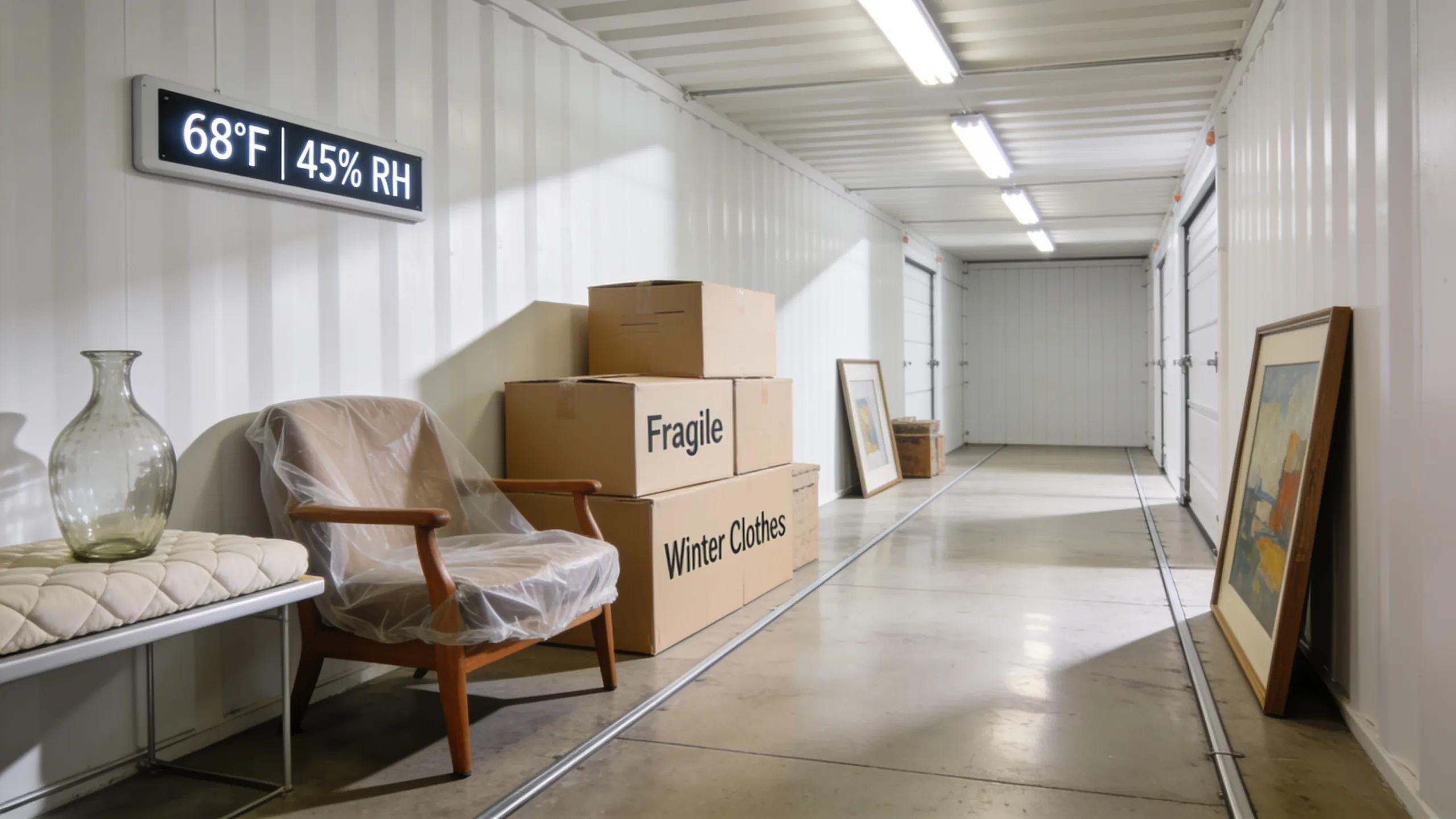Organized climate-controlled storage unit showcasing safely stored items for moving customers in Naples