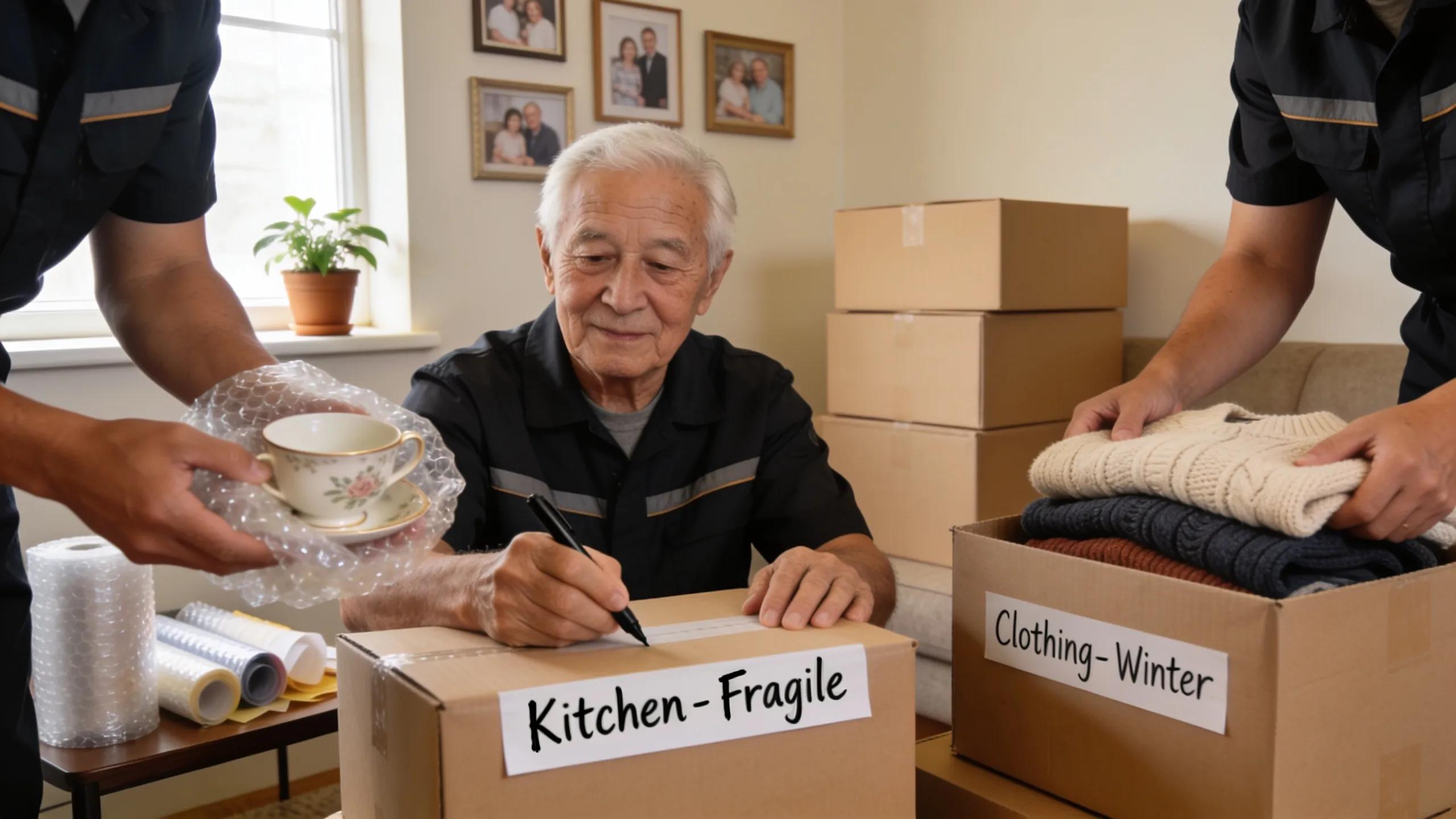 Professional movers carefully packing items for seniors, emphasizing meticulous move management solutions