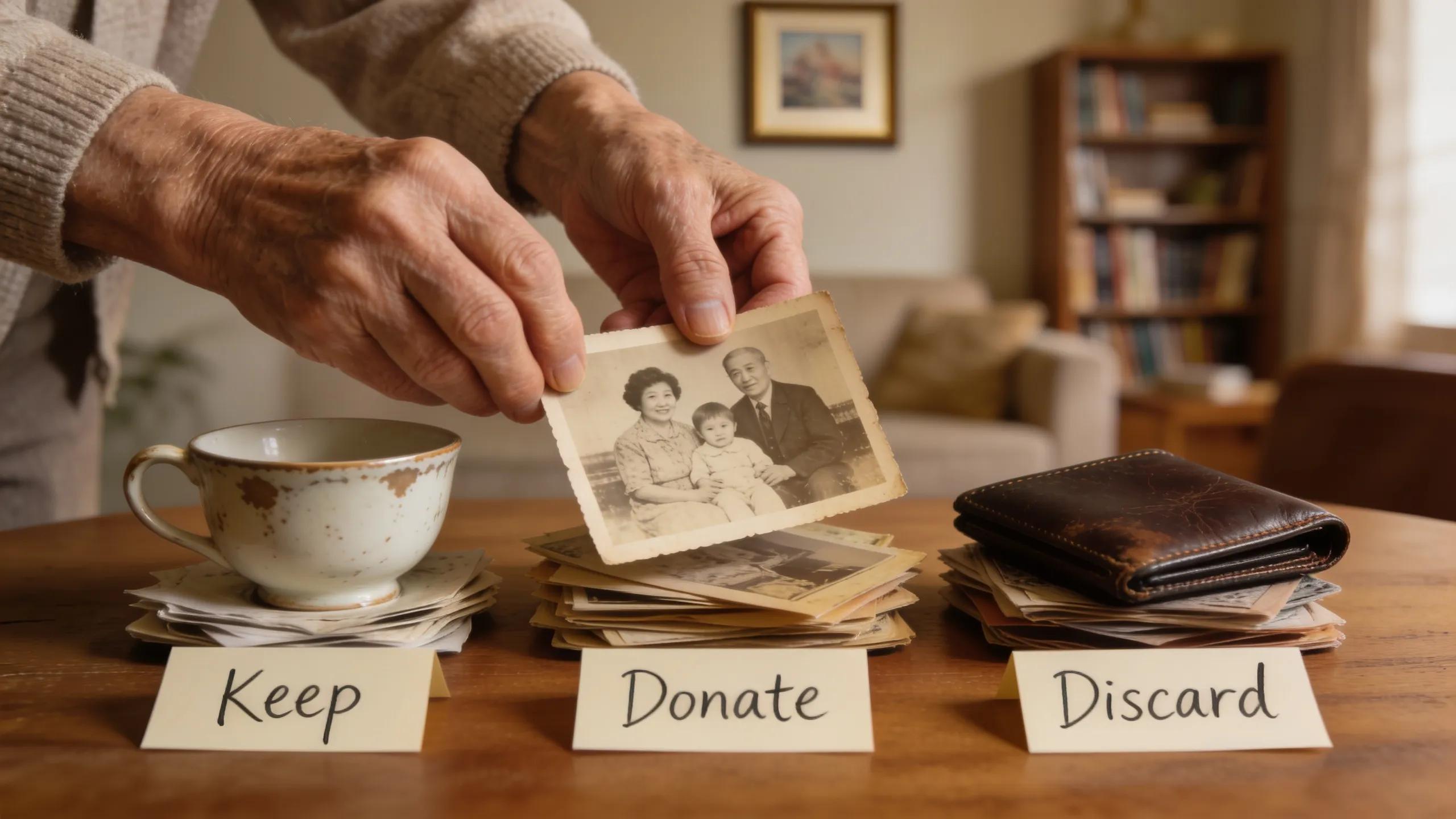 Elderly hands sorting personal belongings during the downsizing process, reflecting emotional decisions