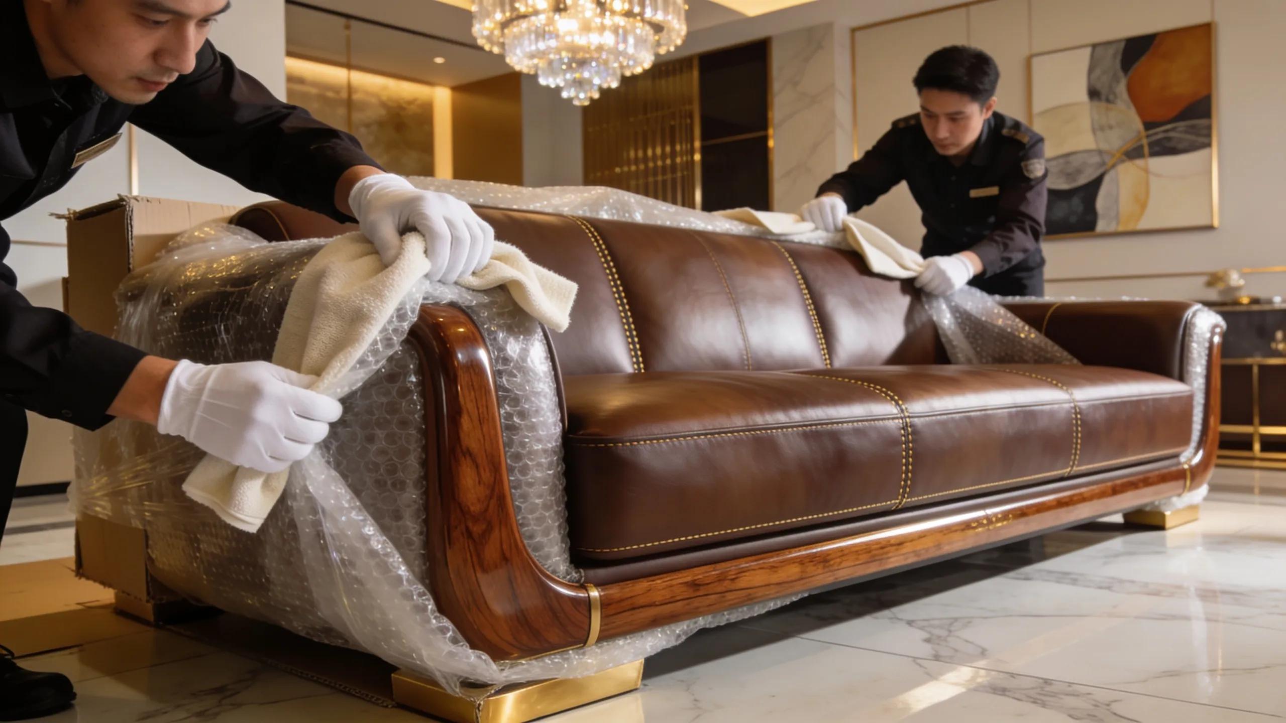 Delivery of luxury furniture item showing meticulous unpacking and arrangement by professionals