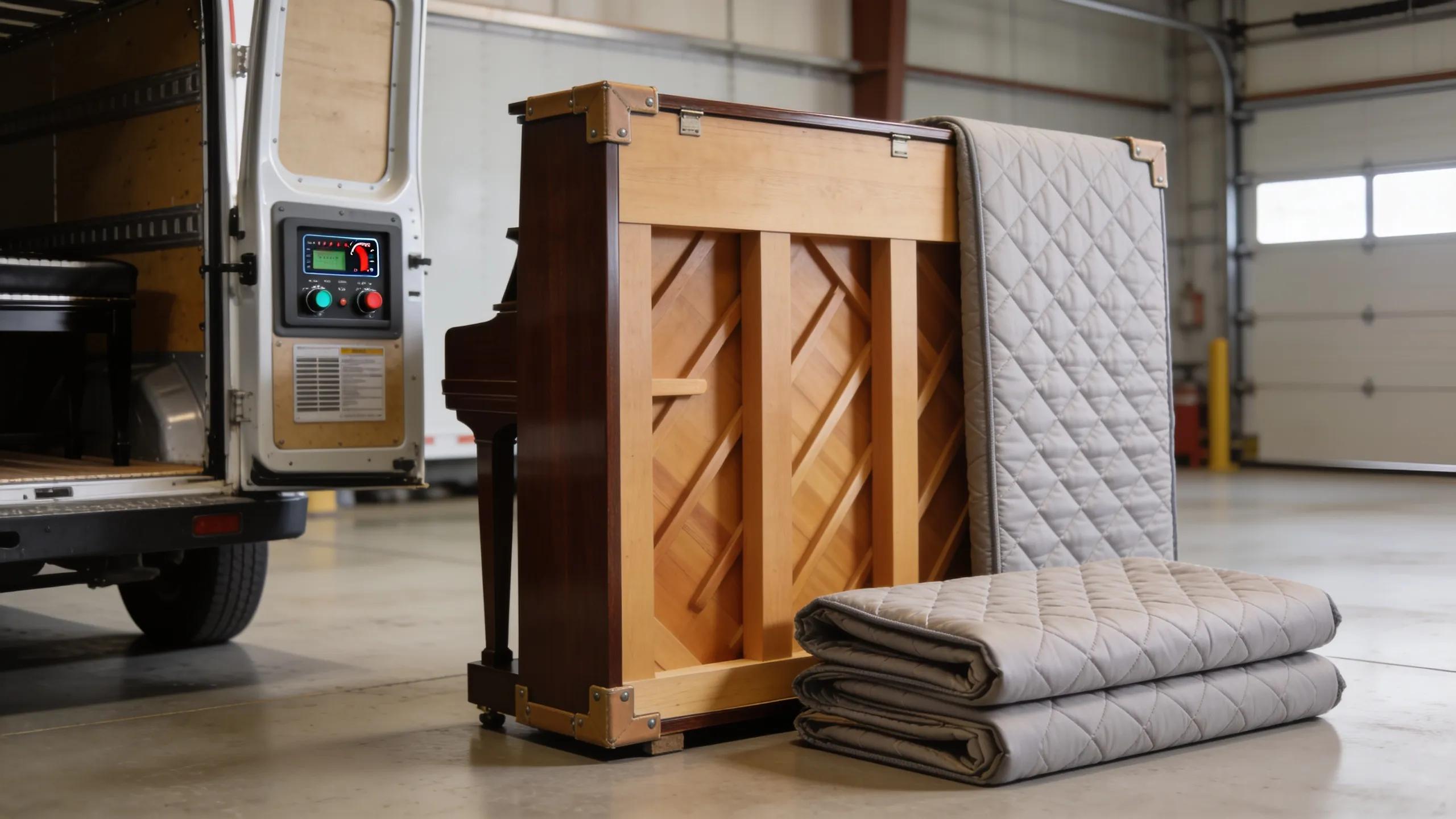 Specialized equipment used for piano moving, including piano boards and protective padding