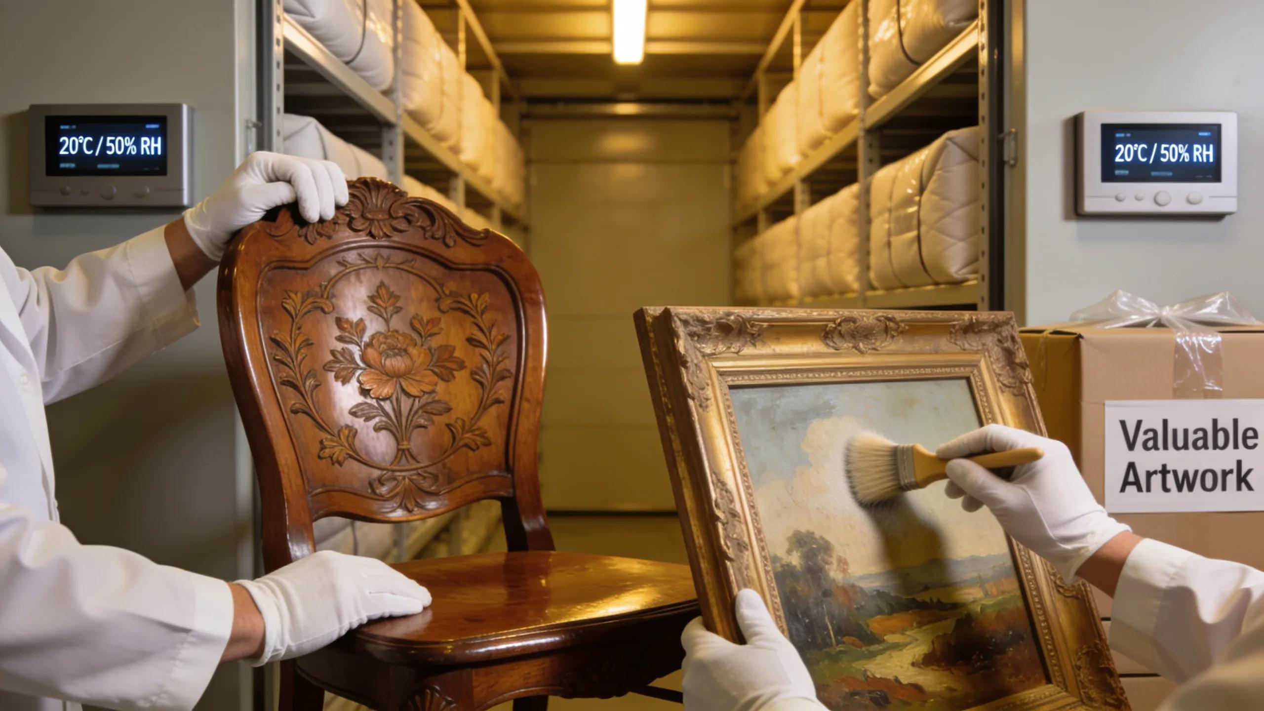 Professionals handling fine furniture and art in a climate-controlled storage setting, emphasizing preservation benefits.
