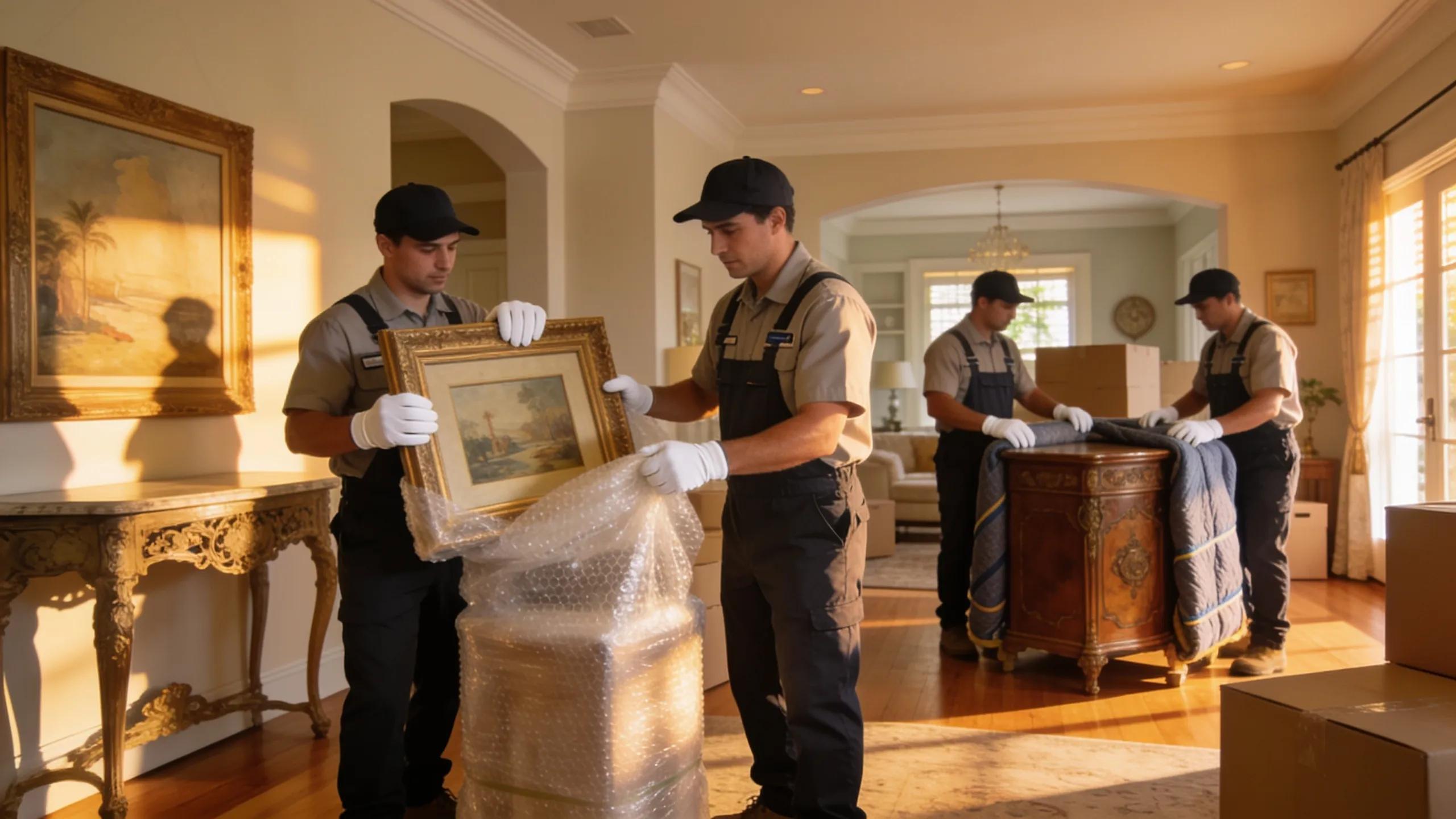Movers providing white-glove services, carefully handling delicate items in a Naples home during a move