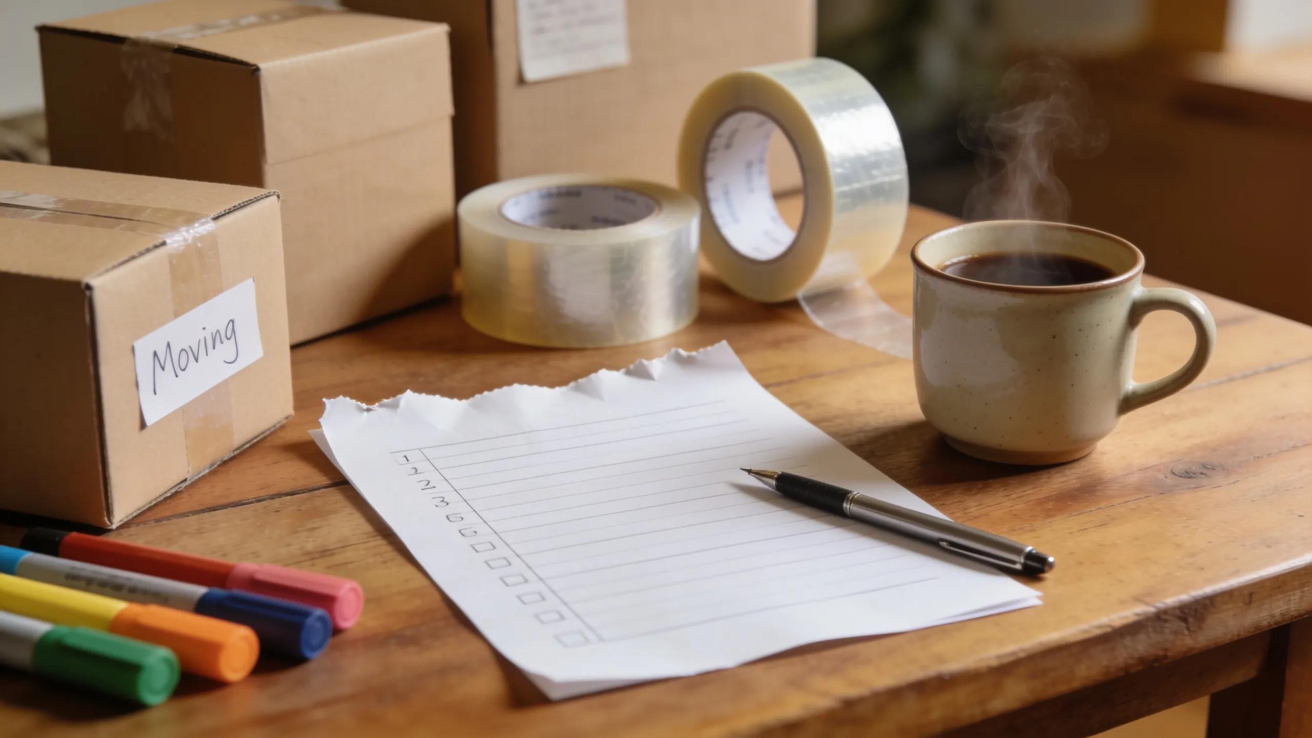 Moving checklist displayed with packing supplies on a wooden table