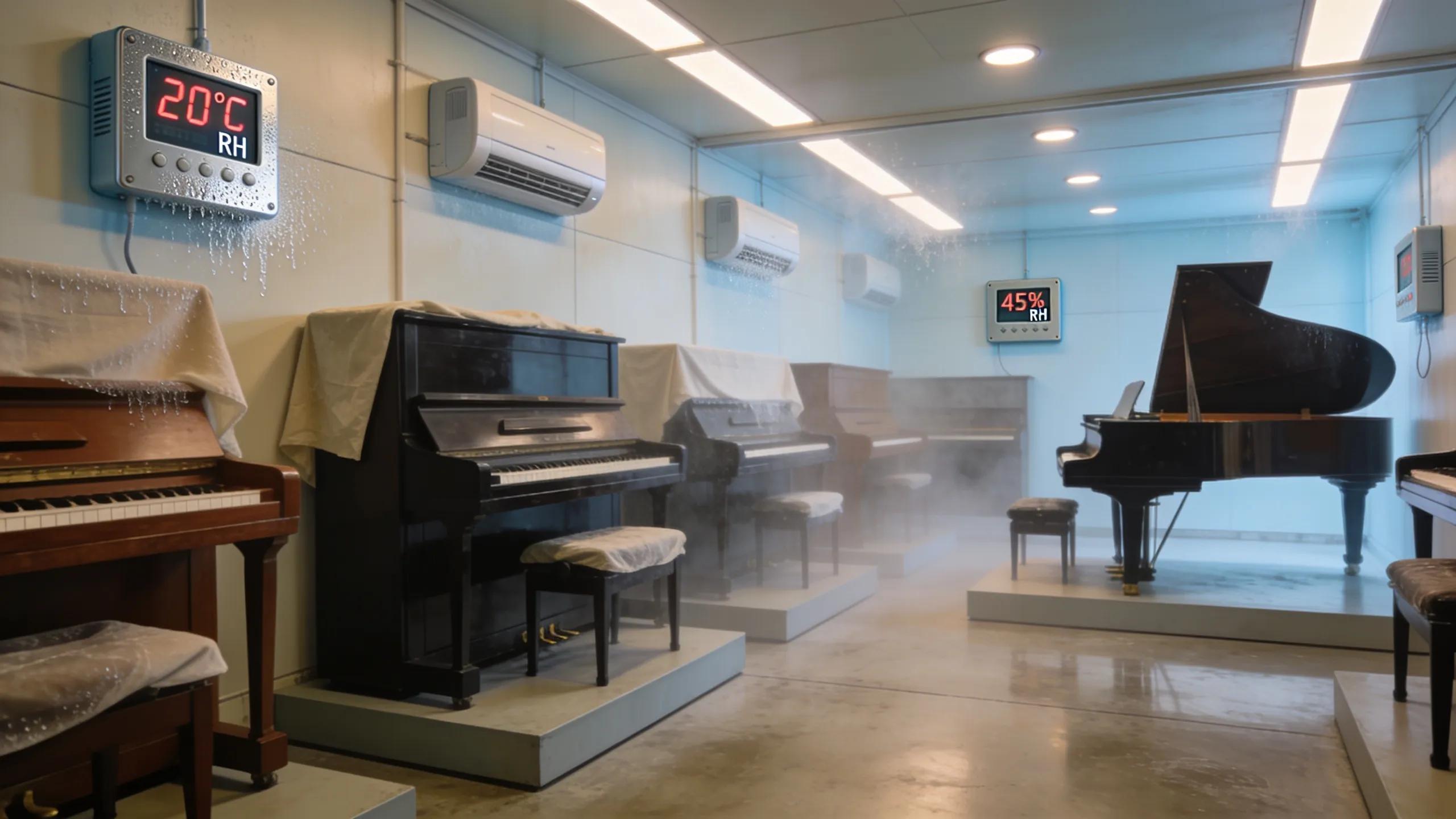 Pianos stored in a climate-controlled warehouse environment to maintain their condition