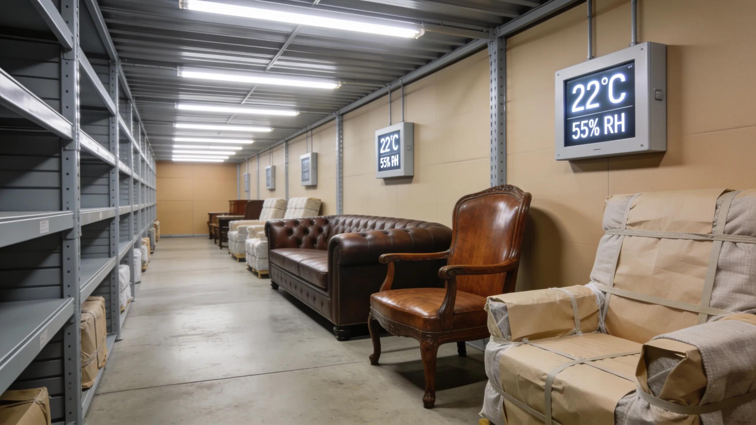 Interior of a climate-controlled storage facility showcasing luxury furniture preservation