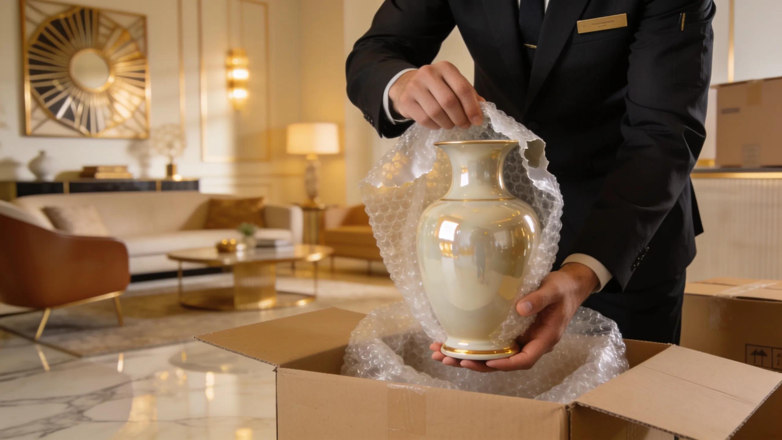 Professional mover carefully handling a valuable art piece during a white-glove moving service