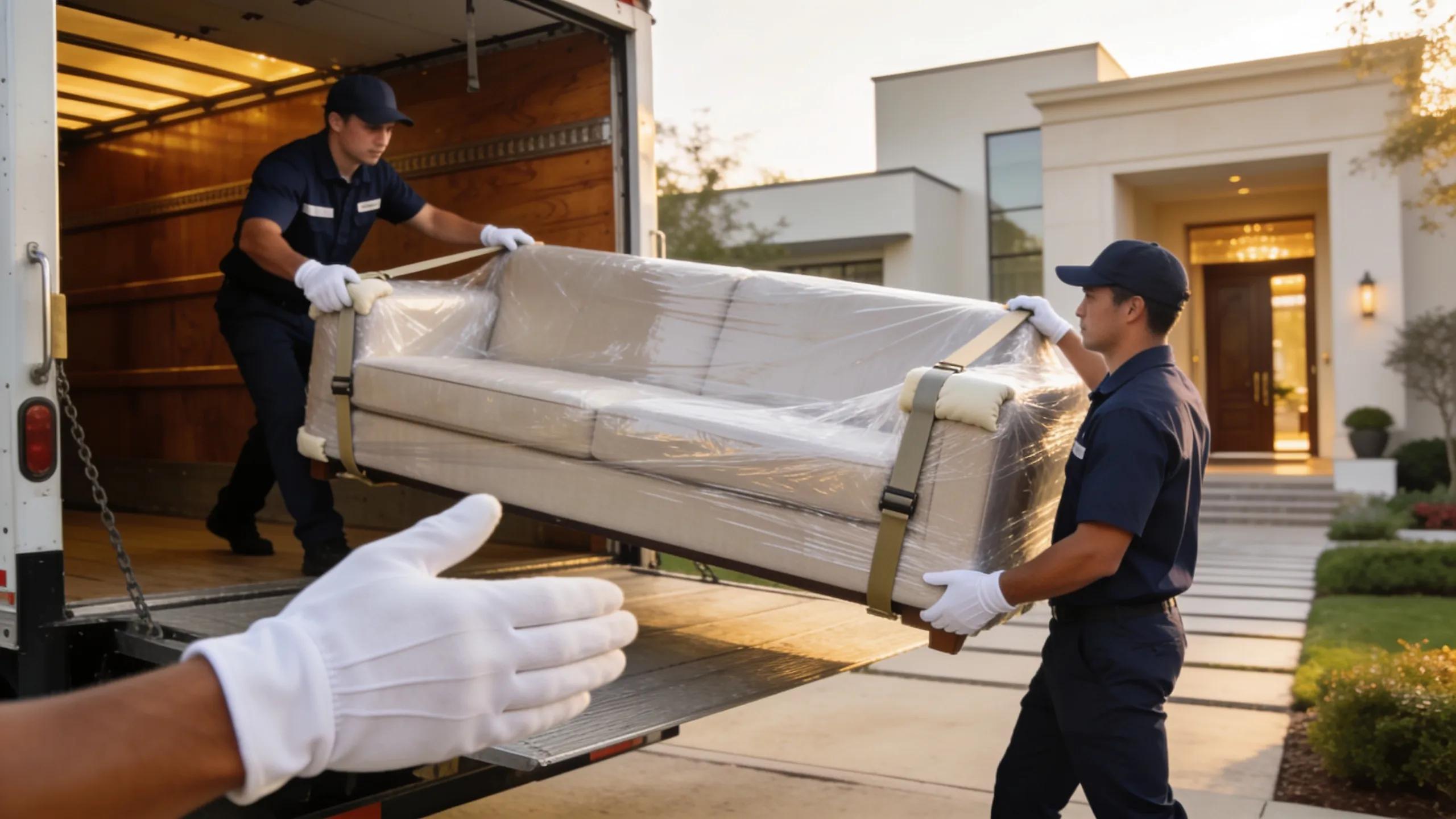 White-glove delivery team carefully handling designer furniture during transport