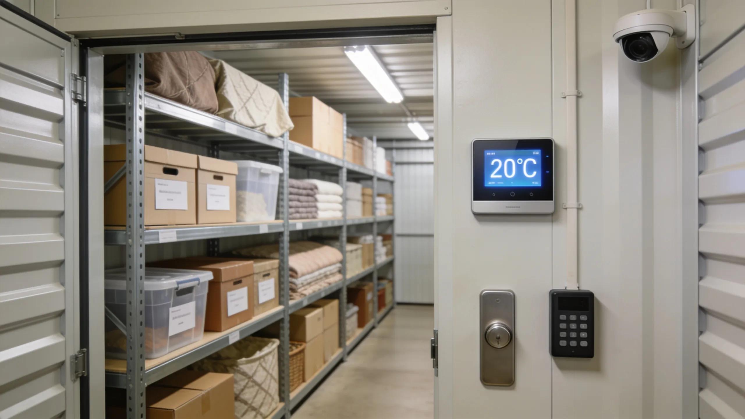 Neatly organized climate-controlled storage facility, ideal for preserving seniors' valuable items during downsizing.